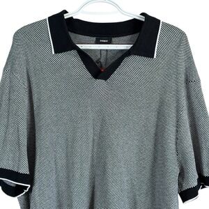 Express Johnny Collar Sweater Mens XL Black White Micro Pattern Short Sleeve